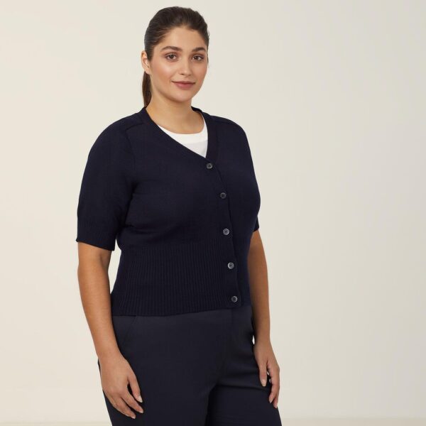 Workthreads | Wool Rich Short Sleeve Rib Trim Cardigan - CAT5BJ Workthreads | Wool Rich Short Sleeve Rib Trim Cardigan – CAT5BJ